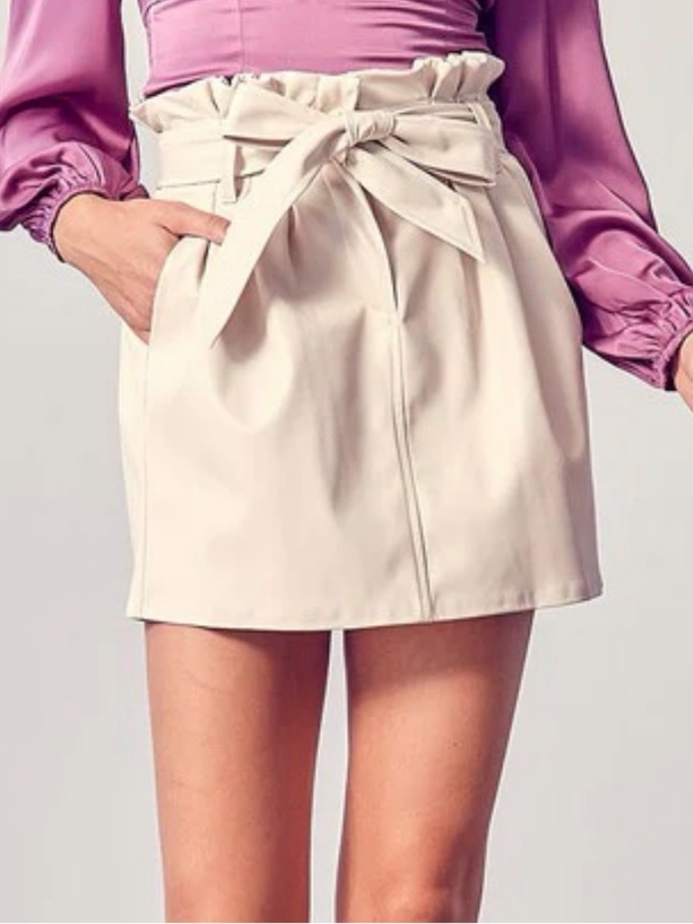 Pants Store Women’s High-Rise Cream Paperbag Mini Skirt with Tie Waist